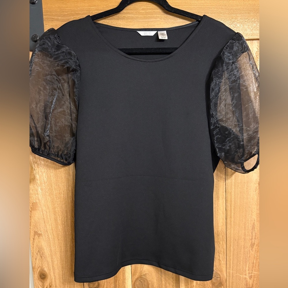 Elegant Black Top with Sheer Puff Sleeves - L